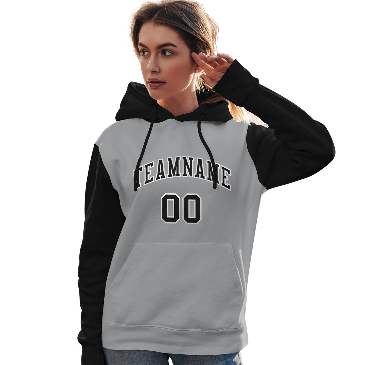 Custom Gray Black-White Raglan Sleeves Pullover Personalized Team Sweatshirt Hoodie| KXKSHOP