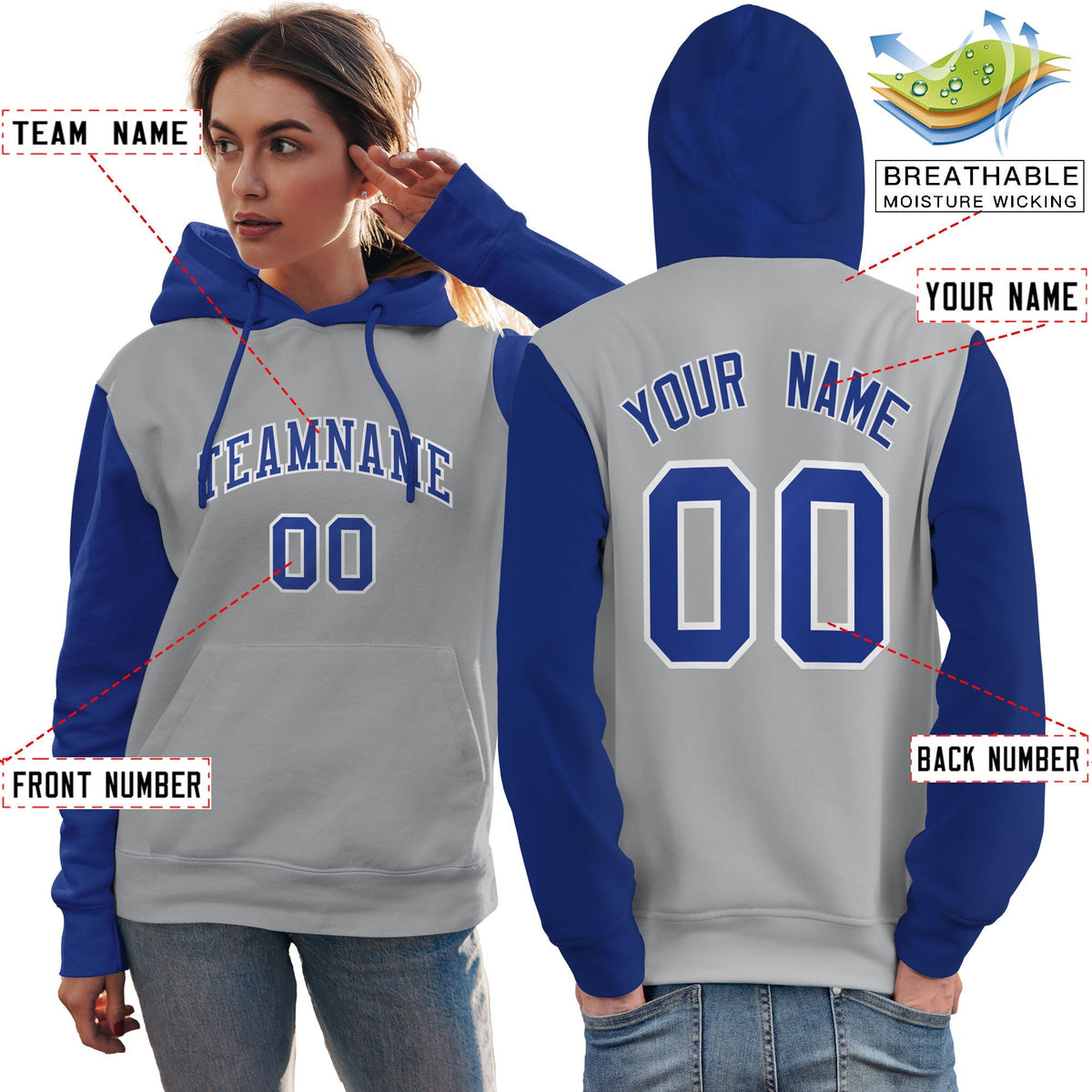 Custom Gray Royal-White Raglan Sleeves Pullover Personalized Team Sweatshirt Hoodie| KXKSHOP