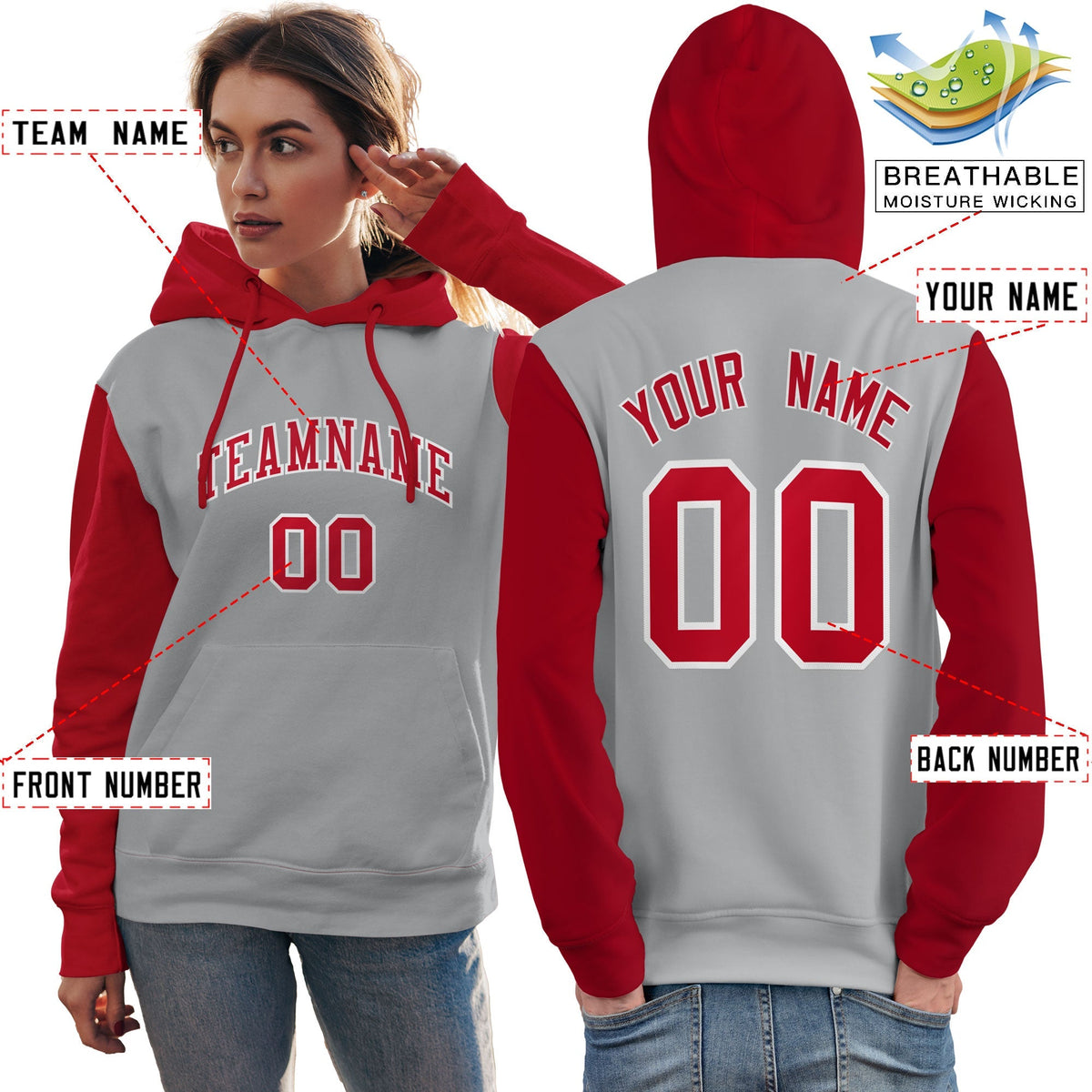 Custom Gray Red-White Raglan Sleeves Pullover Personalized Team Sweatshirt Hoodie| KXKSHOP