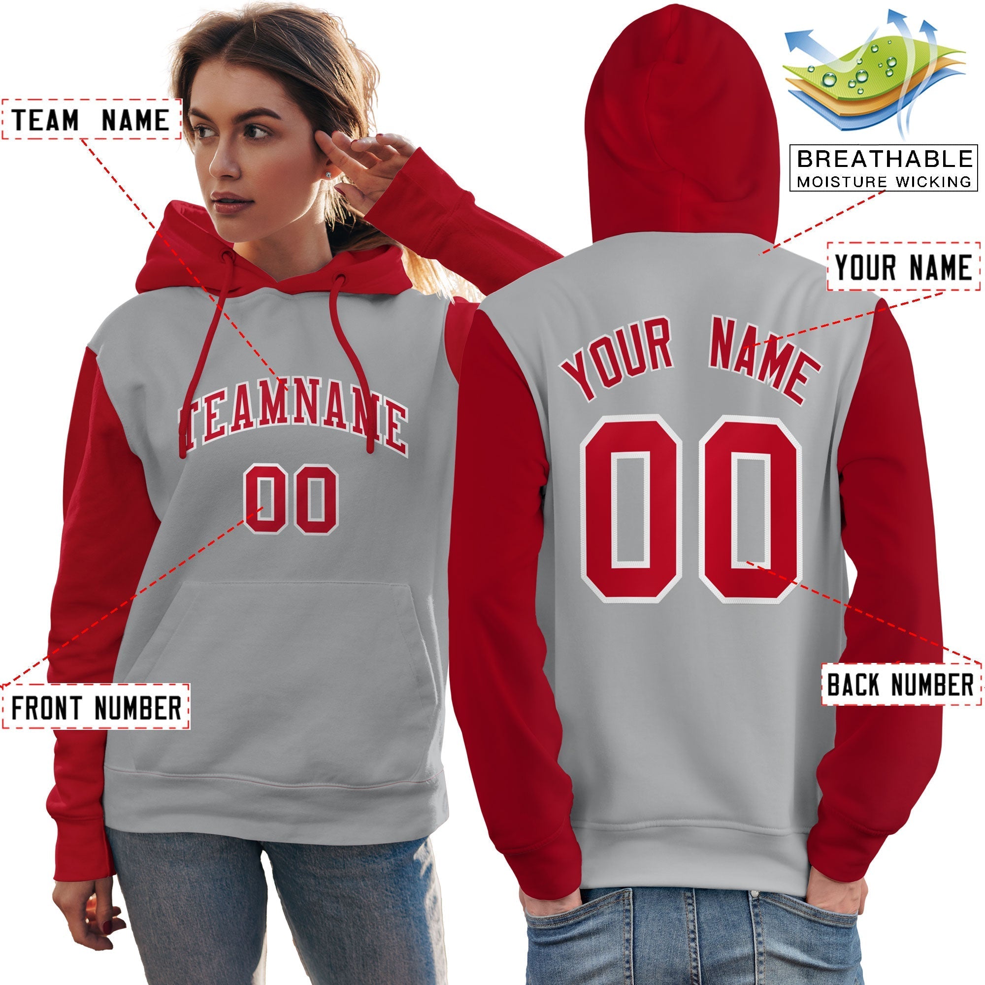 Custom Gray Red-White Raglan Sleeves Pullover Personalized Team Sweatshirt Hoodie| KXKSHOP