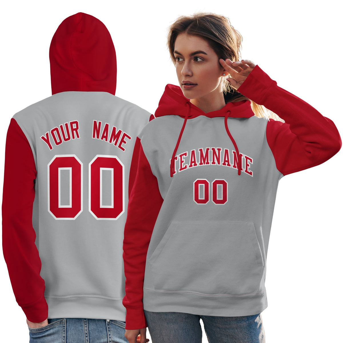 Custom Gray Red-White Raglan Sleeves Pullover Personalized Team Sweatshirt Hoodie| KXKSHOP