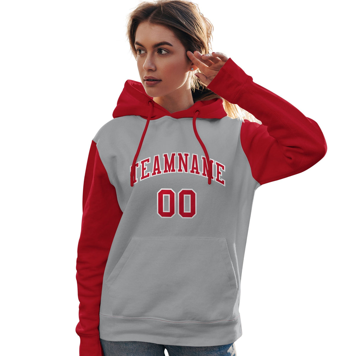 Custom Gray Red-White Raglan Sleeves Pullover Personalized Team Sweatshirt Hoodie| KXKSHOP