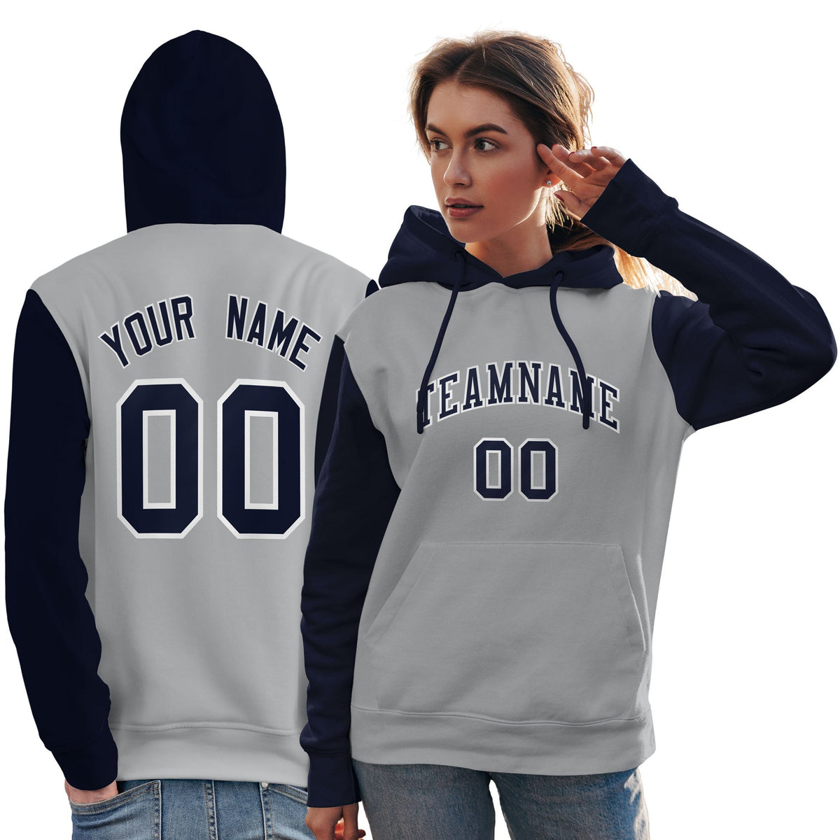 Custom Gray Navy-White Raglan Sleeves Pullover Personalized Team Sweatshirt Hoodie| KXKSHOP
