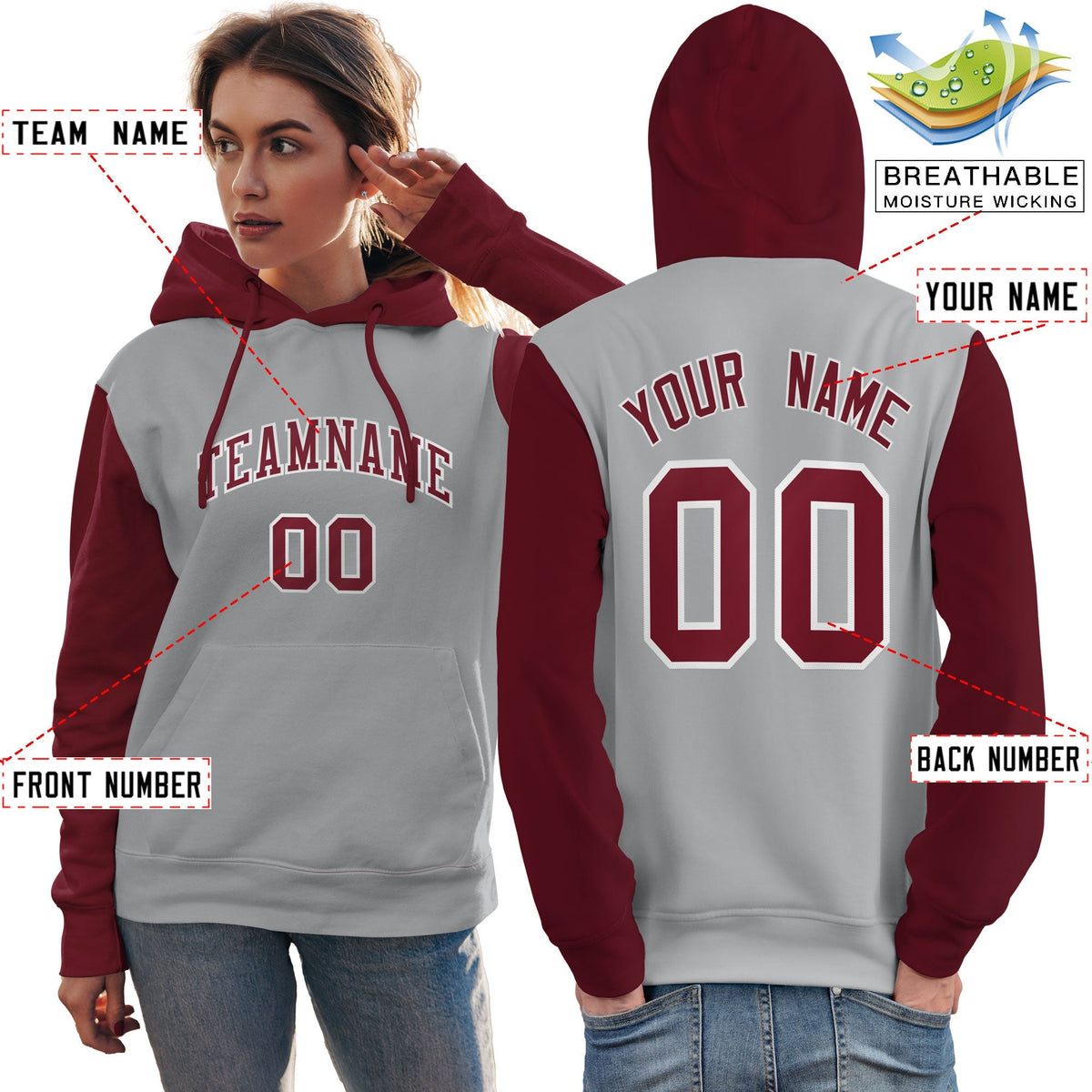 Custom Gray Crimson-White Raglan Sleeves Pullover Personalized Team Sweatshirt Hoodie| KXKSHOP