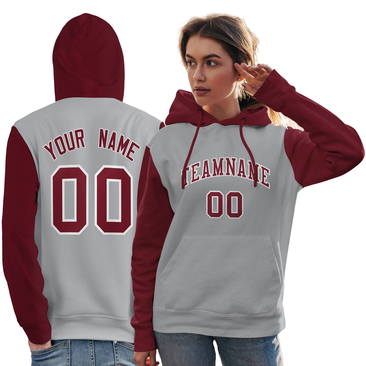 Custom Gray Crimson-White Raglan Sleeves Pullover Personalized Team Sweatshirt Hoodie| KXKSHOP