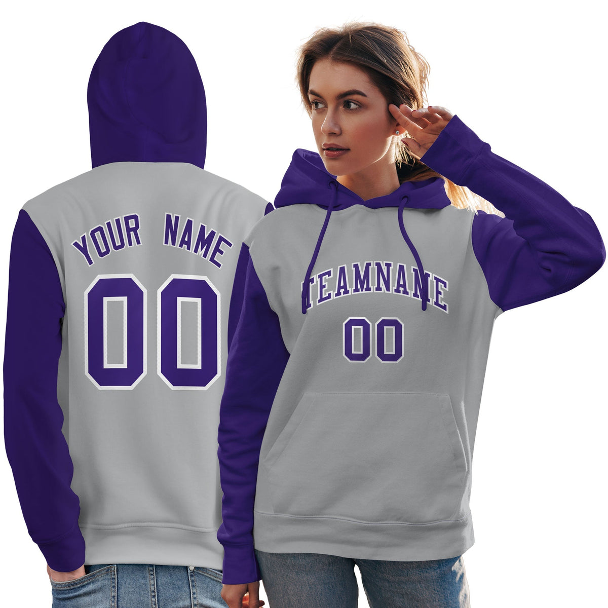 Custom Gray Purple-White Raglan Sleeves Pullover Personalized Team Sweatshirt Hoodie| KXKSHOP