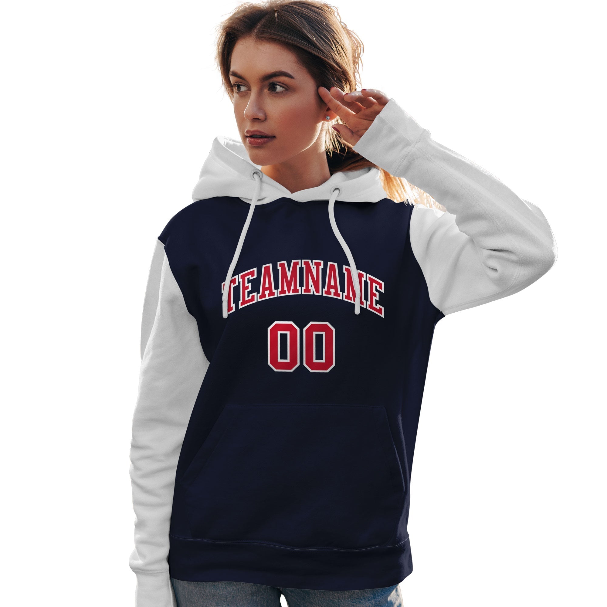 Custom Navy Red-White Raglan Sleeves Pullover Personalized Team Sweatshirt Hoodie| KXKSHOP