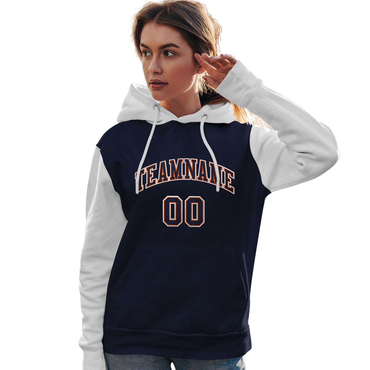 Custom Navy Orange-White Raglan Sleeves Pullover Personalized Team Sweatshirt Hoodie| KXKSHOP