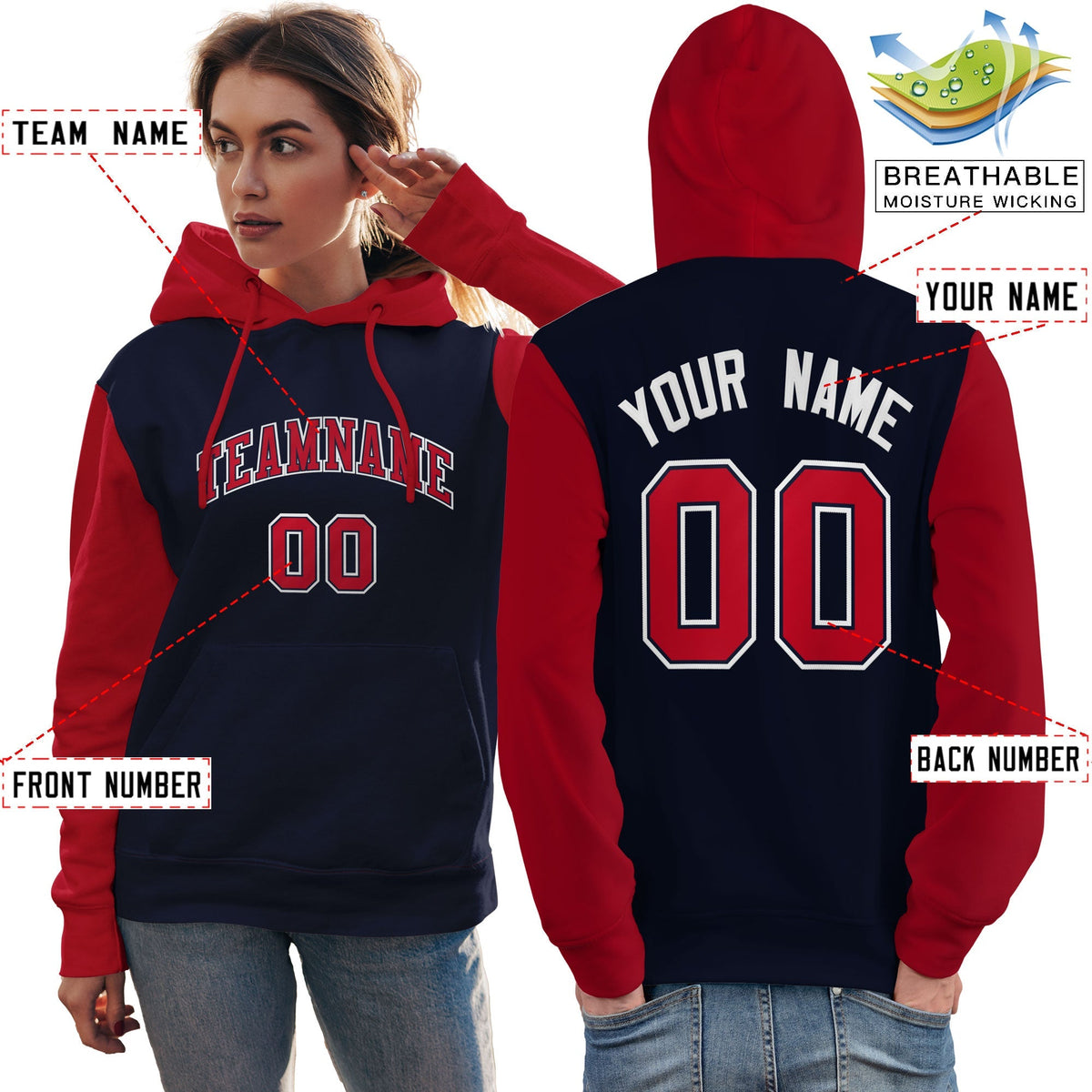 Custom Navy Red-White Raglan Sleeves Pullover Personalized Team Sweatshirt Hoodie| KXKSHOP