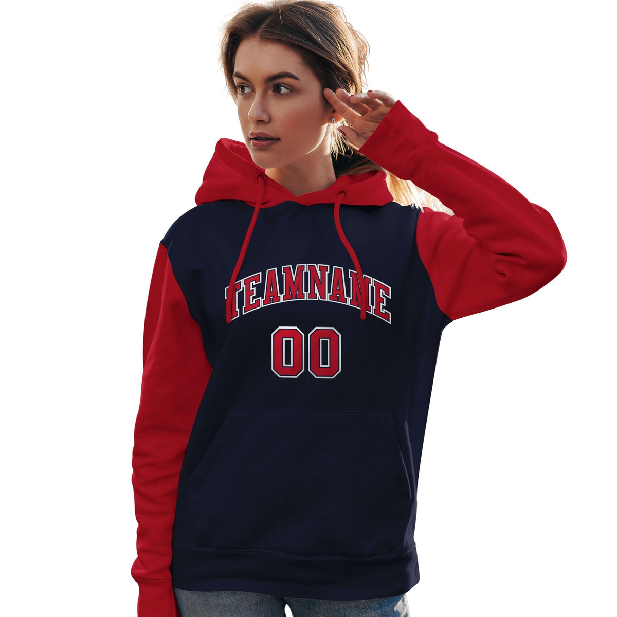 Custom Navy Red-White Raglan Sleeves Pullover Personalized Team Sweatshirt Hoodie| KXKSHOP