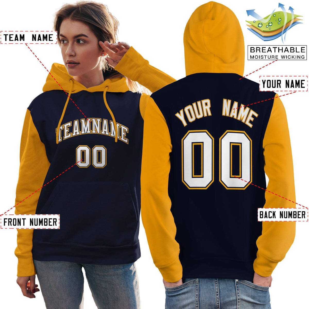 Custom Navy White-Gold Raglan Sleeves Pullover Personalized Team Sweatshirt Hoodie| KXKSHOP