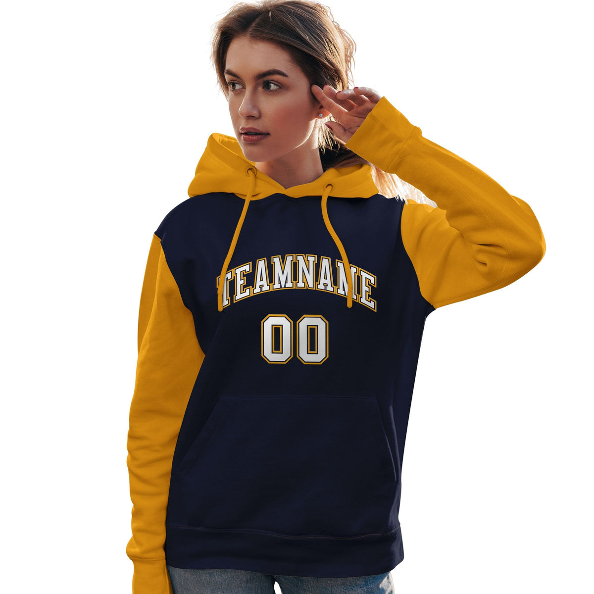 Custom Navy White-Gold Raglan Sleeves Pullover Personalized Team Sweatshirt Hoodie| KXKSHOP