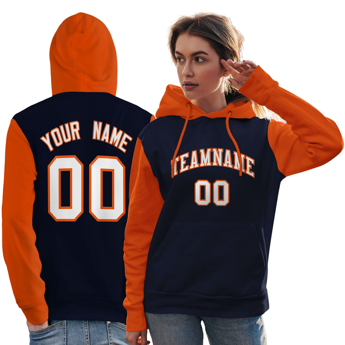 Custom Navy White-Orange Raglan Sleeves Pullover Personalized Team Sweatshirt Hoodie| KXKSHOP