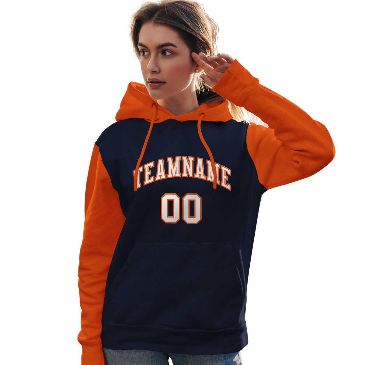 Custom Navy White-Orange Raglan Sleeves Pullover Personalized Team Sweatshirt Hoodie| KXKSHOP