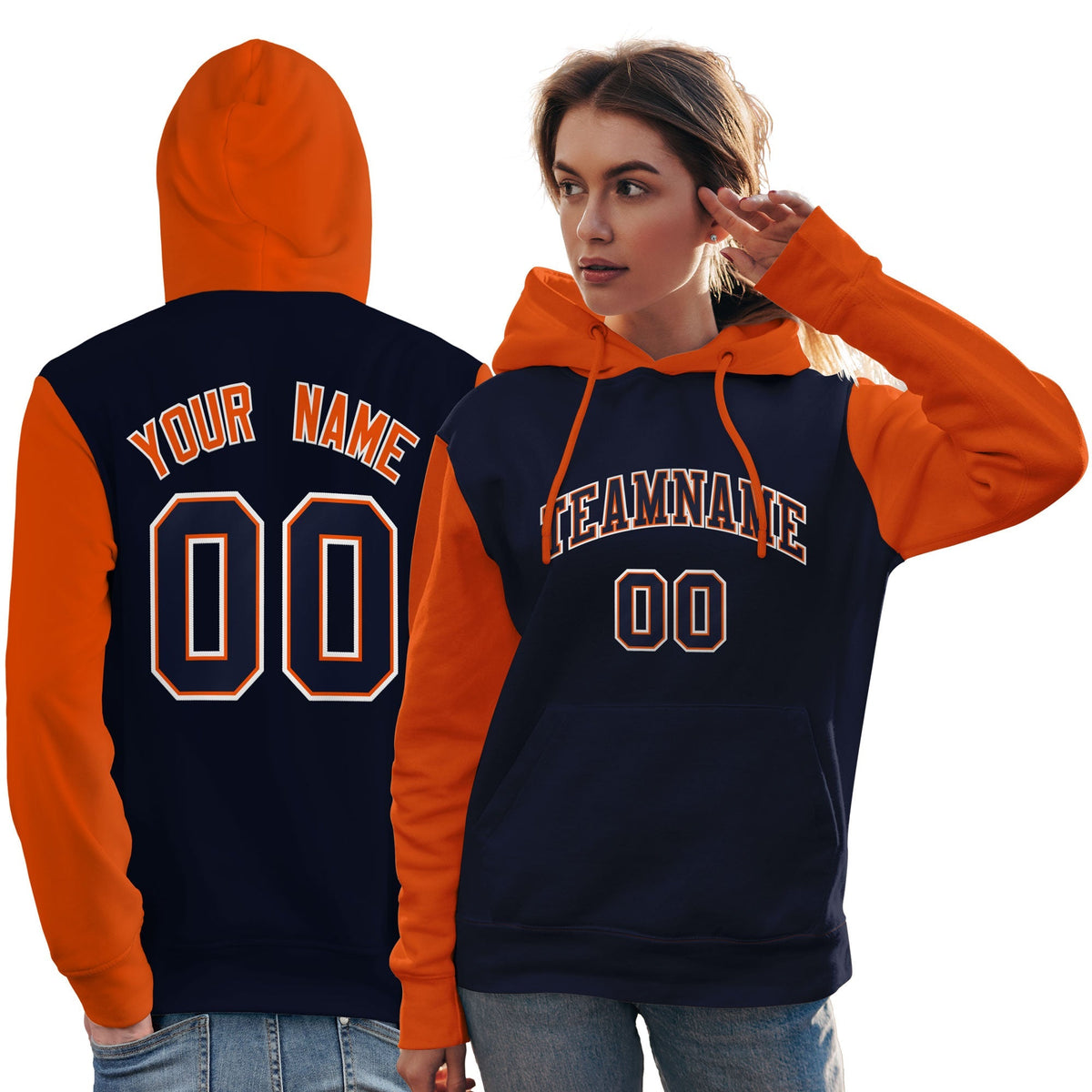 Custom Navy Orange-White Raglan Sleeves Pullover Personalized Team Sweatshirt Hoodie| KXKSHOP