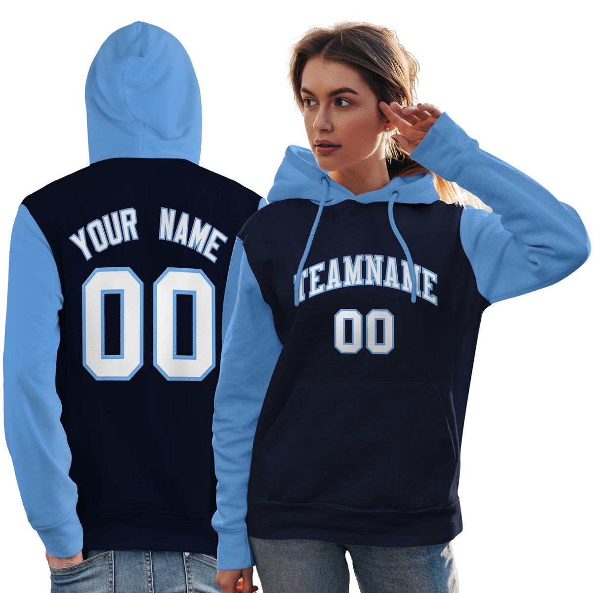 Custom Navy White-Light Blue Raglan Sleeves Pullover Personalized Team Sweatshirt Hoodie| KXKSHOP