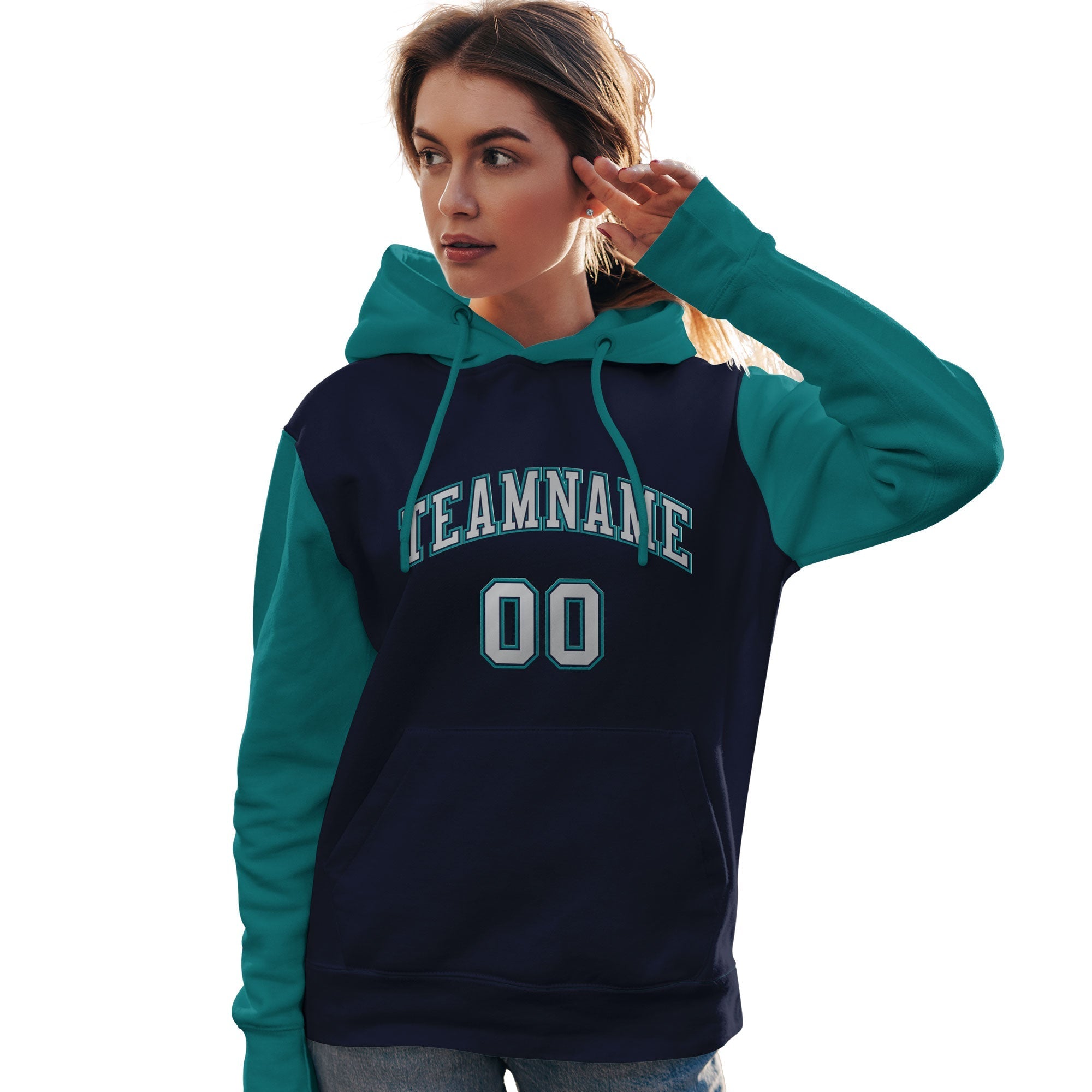 Custom Navy Gray-Aqua Raglan Sleeves Pullover Personalized Team Sweatshirt Hoodie| KXKSHOP
