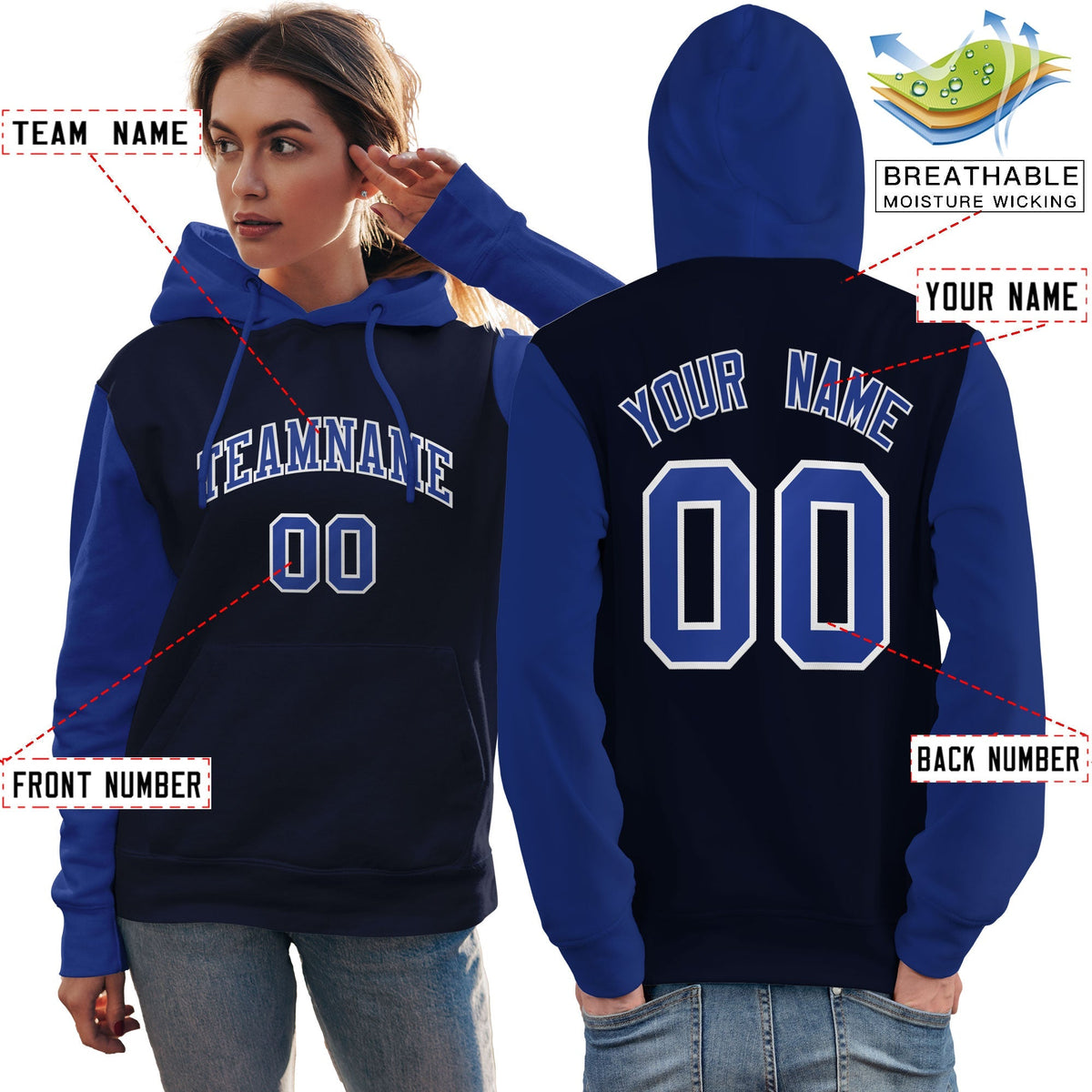 Custom Navy Royal-White Raglan Sleeves Pullover Personalized Team Sweatshirt Hoodie| KXKSHOP