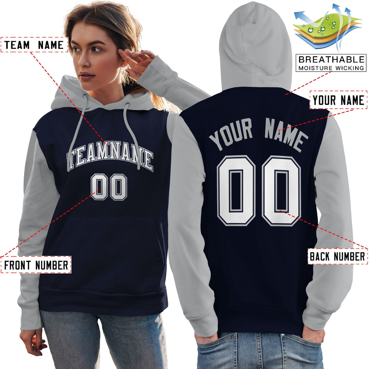 Custom Navy White-Gray Raglan Sleeves Pullover Personalized Team Sweatshirt Hoodie| KXKSHOP
