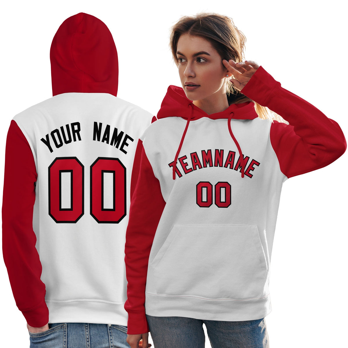 Custom White Red-Black Raglan Sleeves Pullover Personalized Team Sweatshirt Hoodie| KXKSHOP