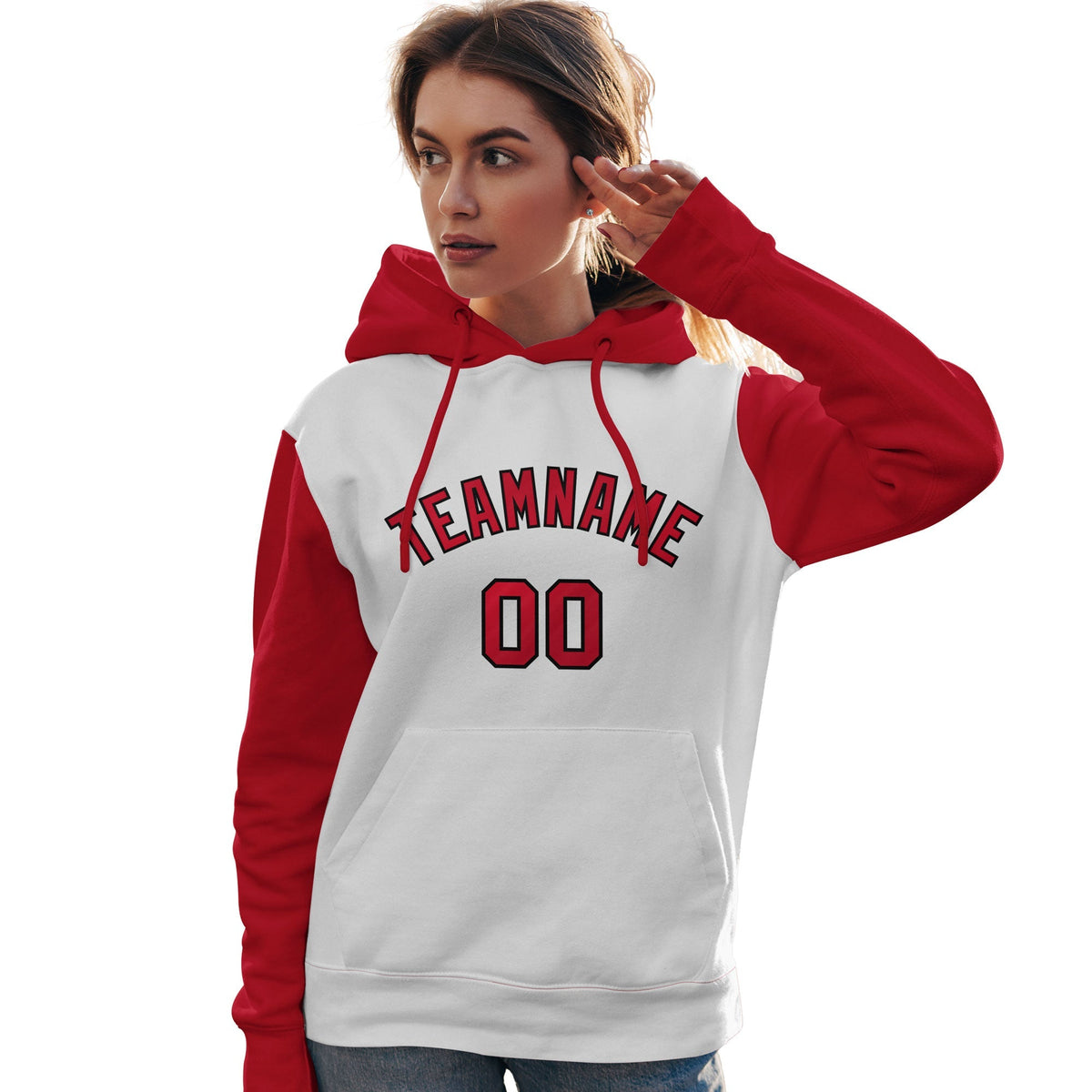 Custom White Red-Black Raglan Sleeves Pullover Personalized Team Sweatshirt Hoodie| KXKSHOP