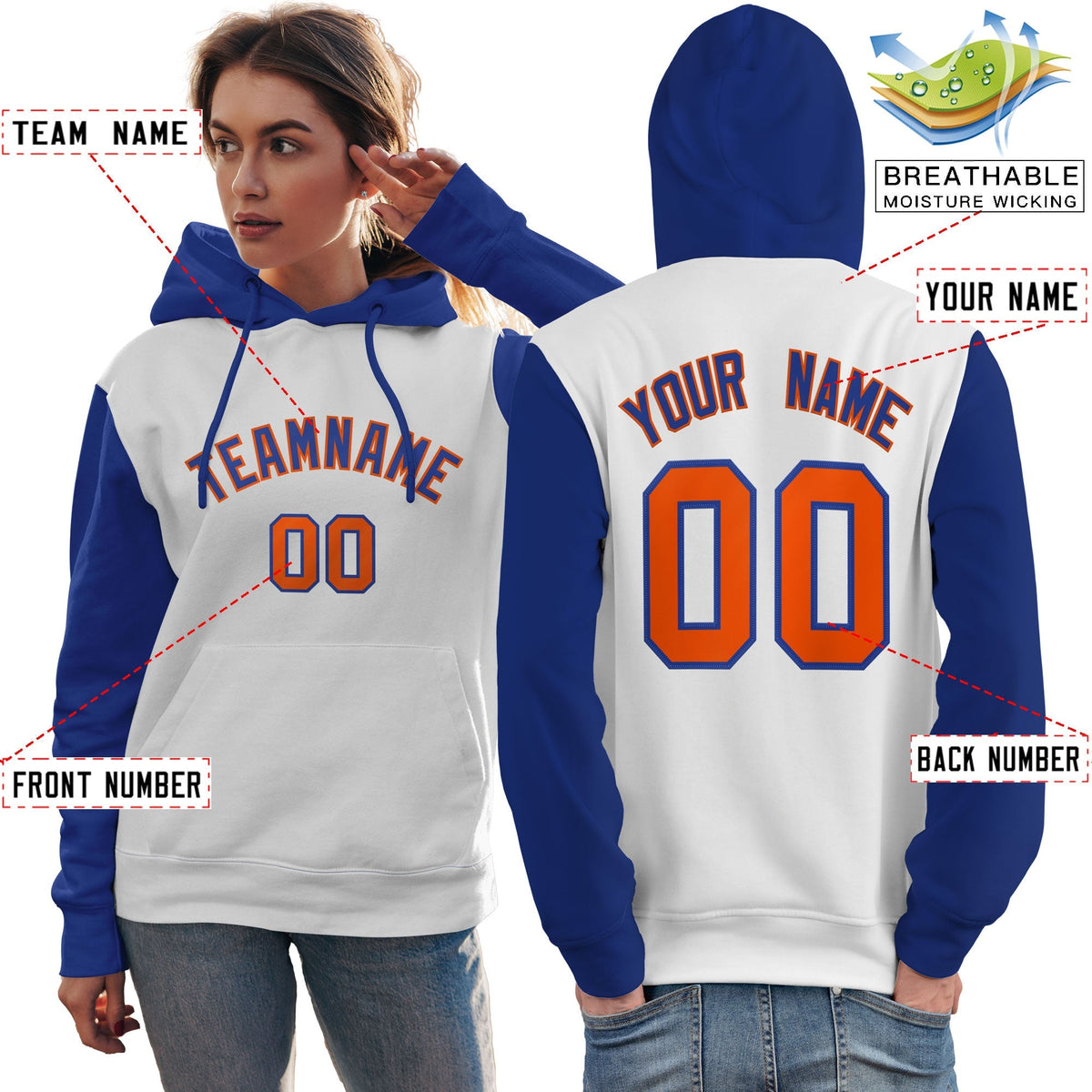 Custom White Royal-Orange Raglan Sleeves Pullover Personalized Team Sweatshirt Hoodie| KXKSHOP