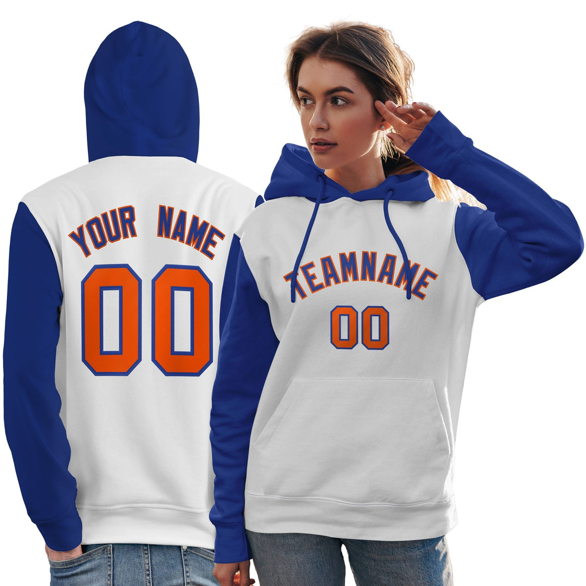 Custom White Royal-Orange Raglan Sleeves Pullover Personalized Team Sweatshirt Hoodie| KXKSHOP