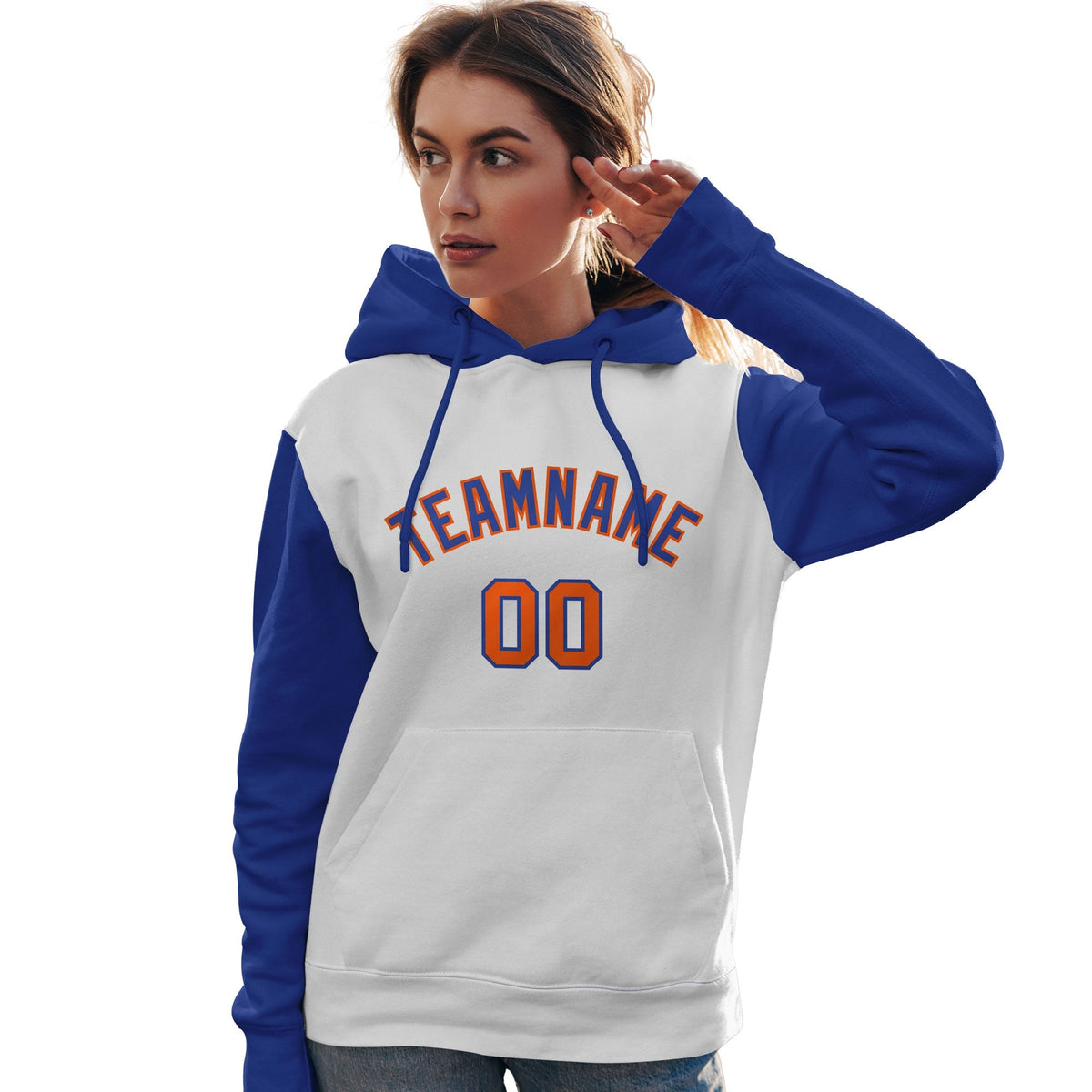 Custom White Royal-Orange Raglan Sleeves Pullover Personalized Team Sweatshirt Hoodie| KXKSHOP