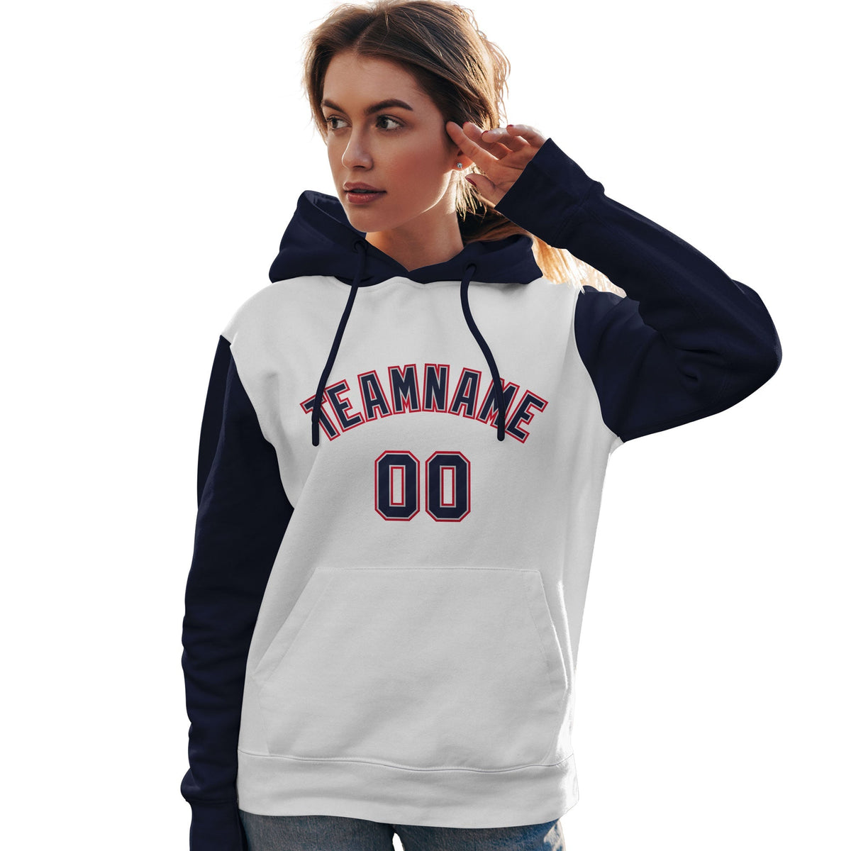 Custom White Navy-Red Raglan Sleeves Pullover Personalized Team Sweatshirt Hoodie| KXKSHOP