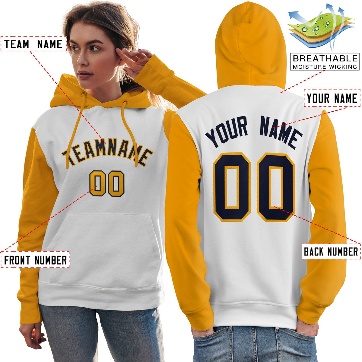 Custom White Navy-Gold Raglan Sleeves Pullover Personalized Team Sweatshirt Hoodie| KXKSHOP