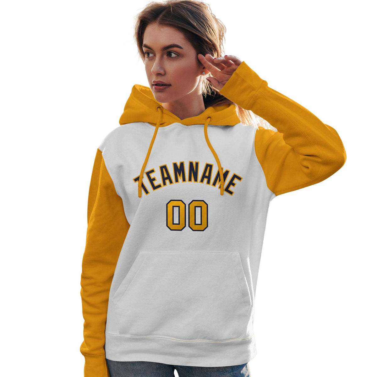 Custom White Navy-Gold Raglan Sleeves Pullover Personalized Team Sweatshirt Hoodie| KXKSHOP