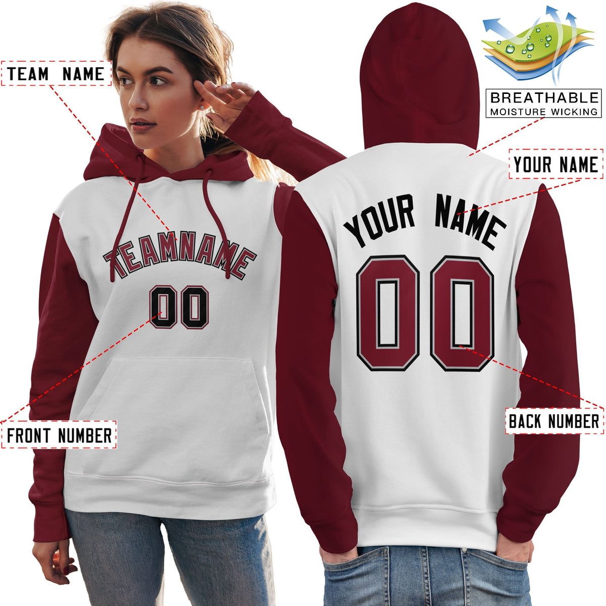 Custom White Crimson-Black Raglan Sleeves Pullover Personalized Team Sweatshirt Hoodie| KXKSHOP