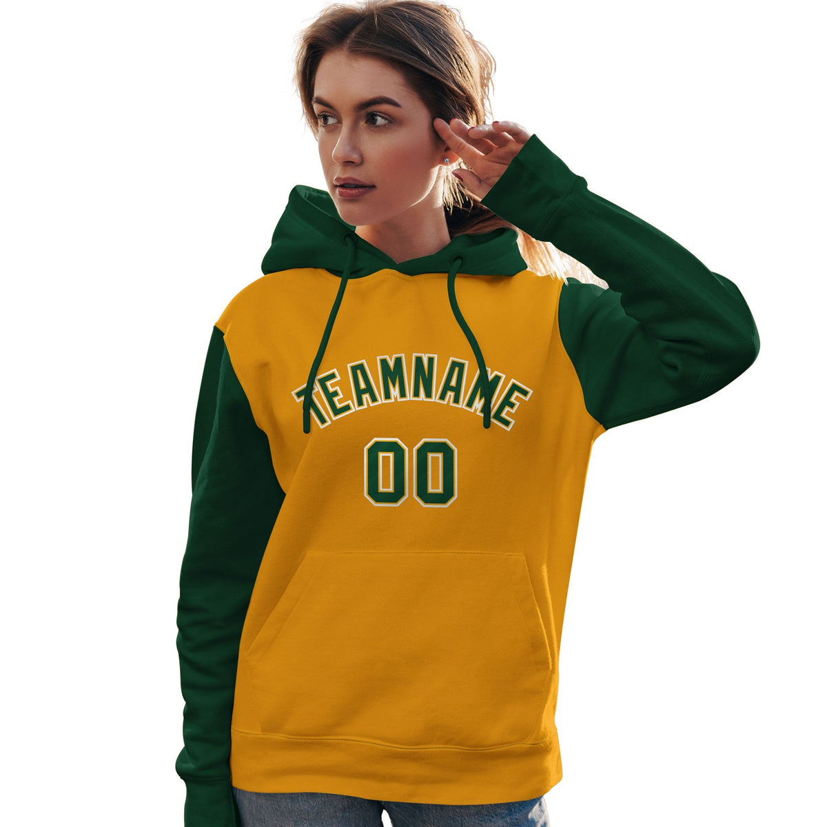 Custom Gold Green-White Raglan Sleeves Pullover Personalized Team Sweatshirt Hoodie| KXKSHOP