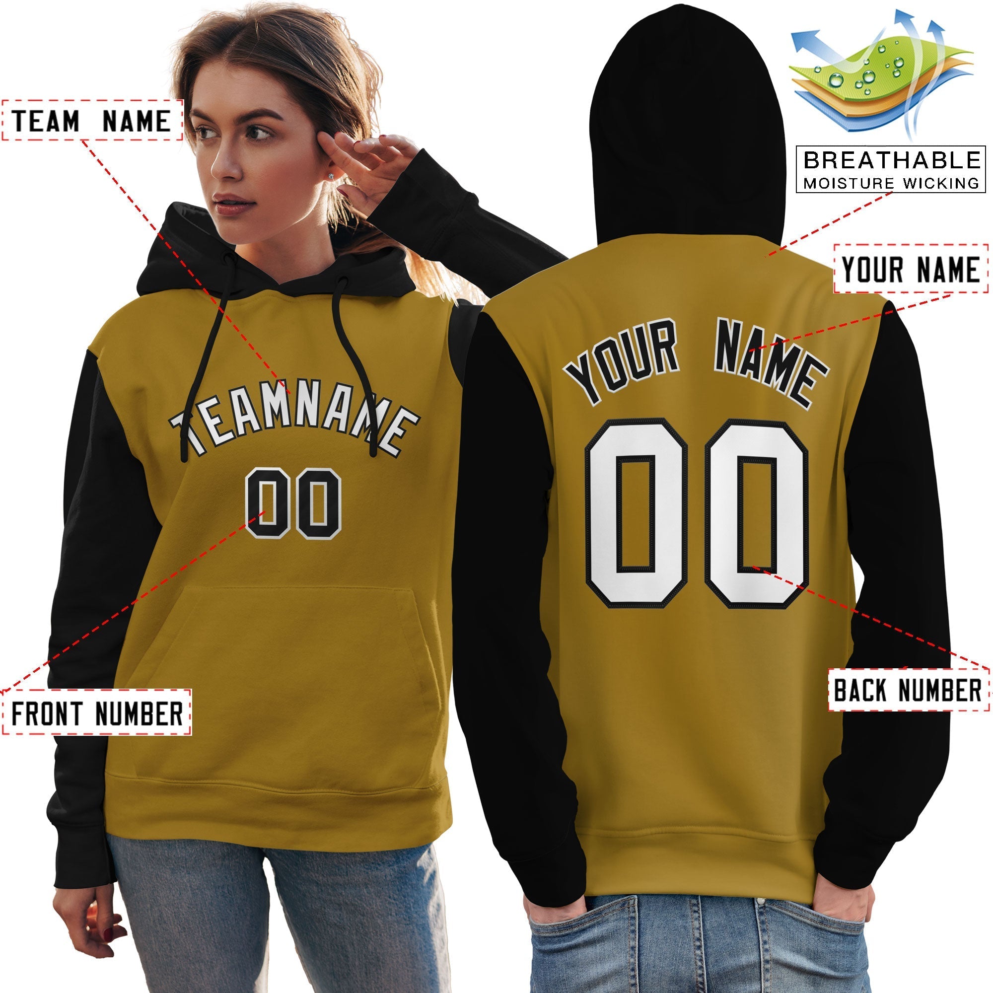Custom Old Gold White-Black Raglan Sleeves Pullover Personalized Team Sweatshirt Hoodie| KXKSHOP