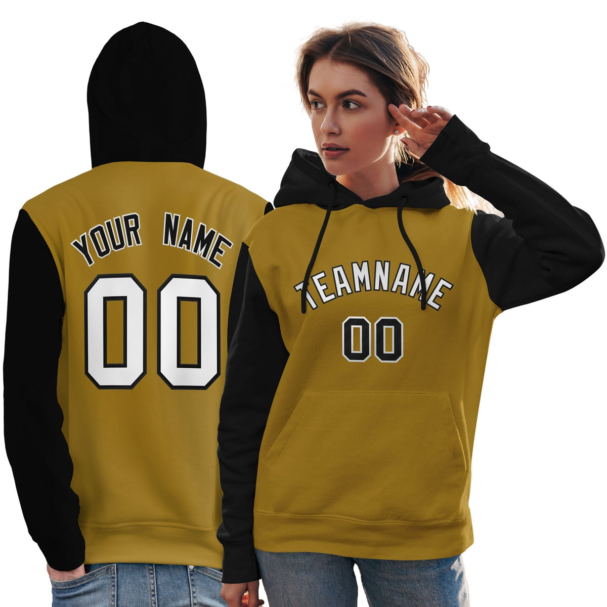 Custom Old Gold White-Black Raglan Sleeves Pullover Personalized Team Sweatshirt Hoodie| KXKSHOP