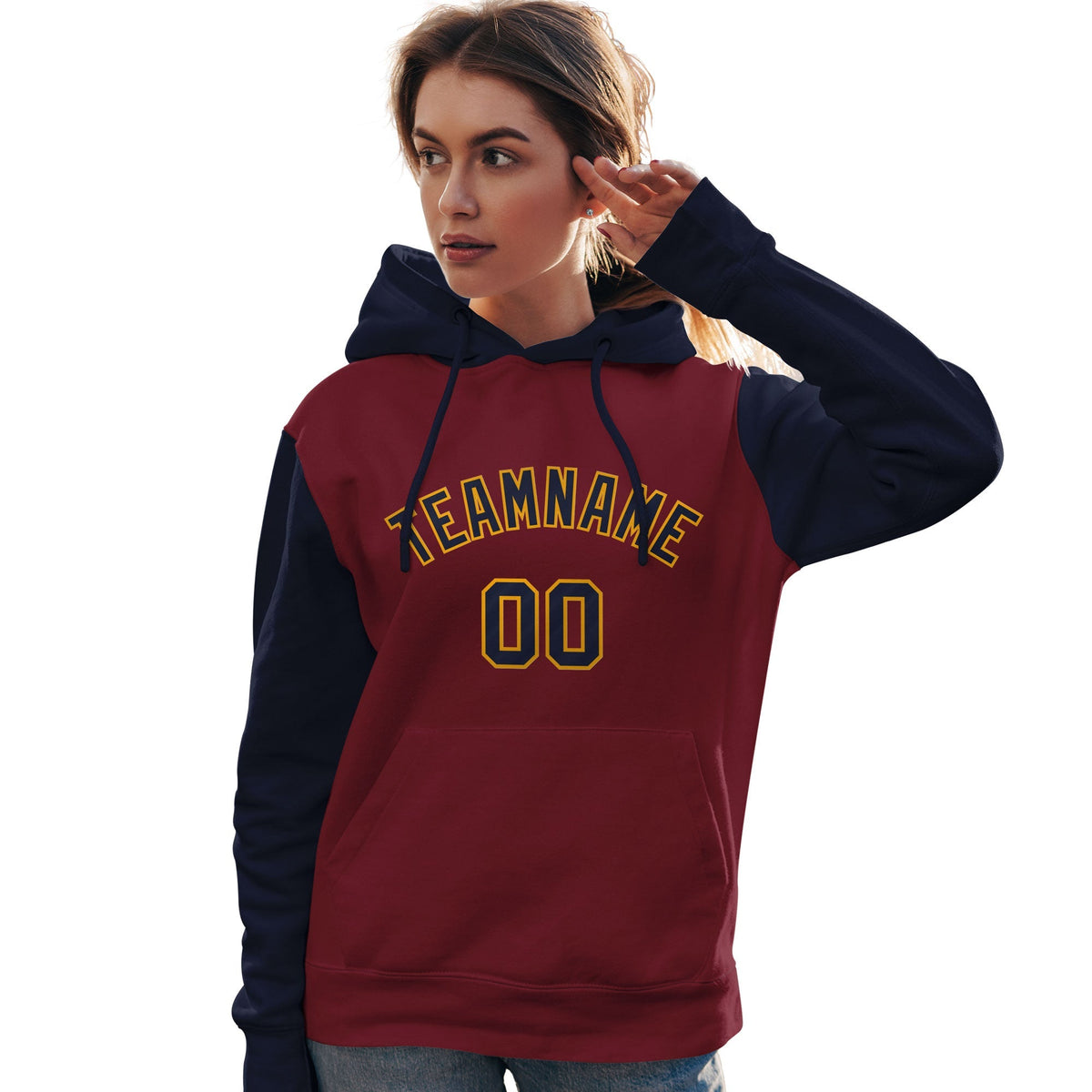 Custom Crimson Navy-Gold Raglan Sleeves Pullover Personalized Team Sweatshirt Hoodie| KXKSHOP
