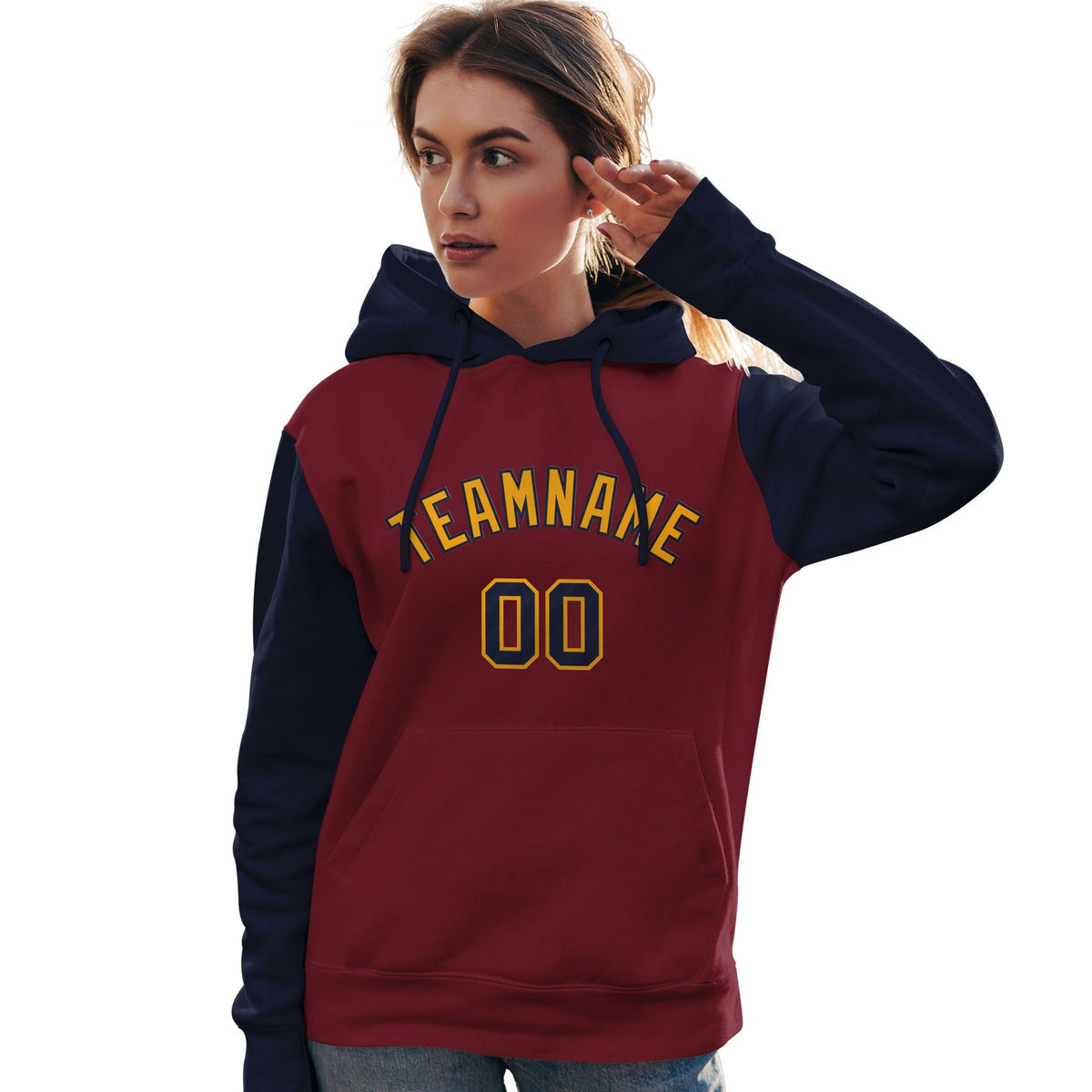 Custom Crimson Gold-Navy Raglan Sleeves Pullover Personalized Team Sweatshirt Hoodie| KXKSHOP