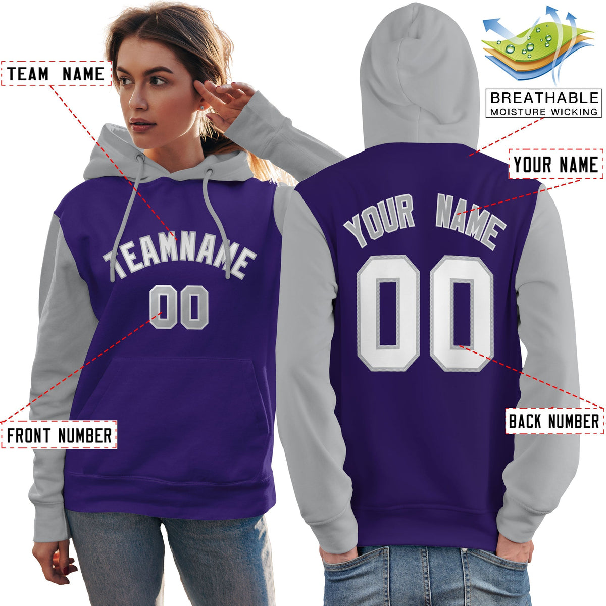 Custom Purple White-Gray Raglan Sleeves Pullover Personalized Team Sweatshirt Hoodie| KXKSHOP