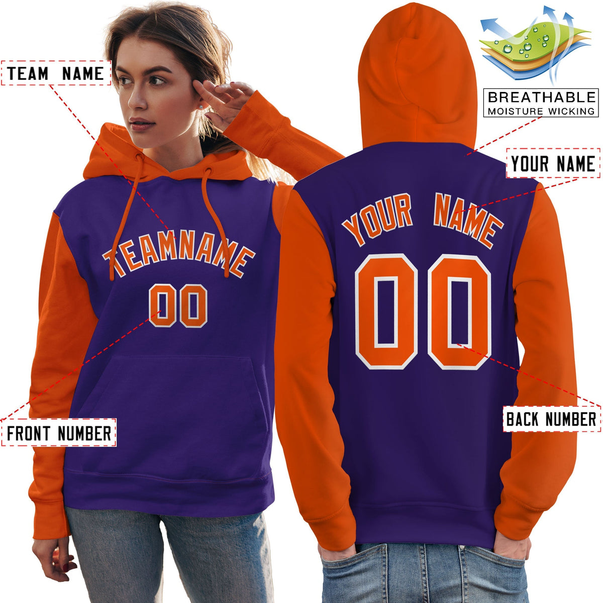 Custom Purple Orange-White Raglan Sleeves Pullover Personalized Team Sweatshirt Hoodie| KXKSHOP