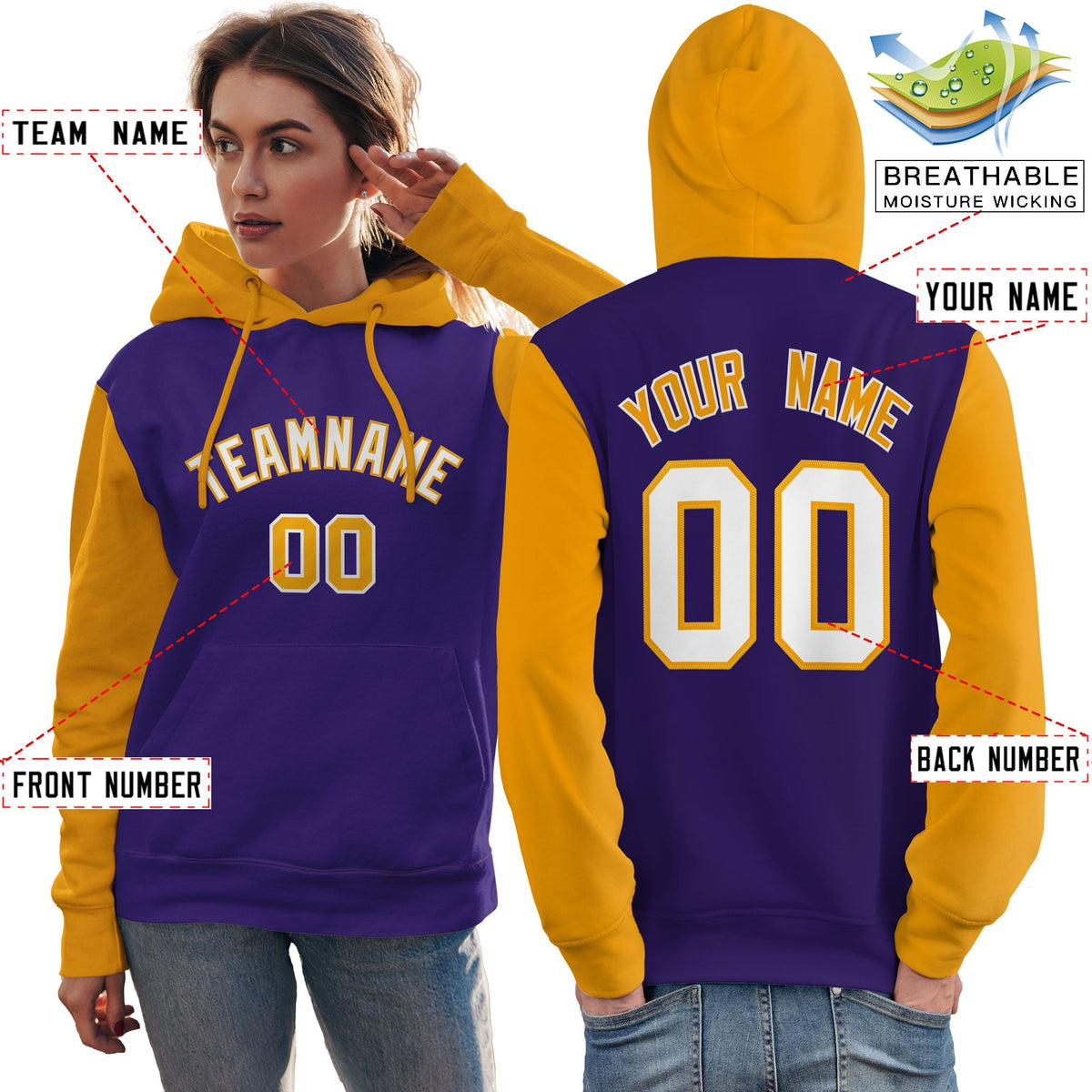 Custom Purple White-Gold Raglan Sleeves Pullover Personalized Team Sweatshirt Hoodie| KXKSHOP