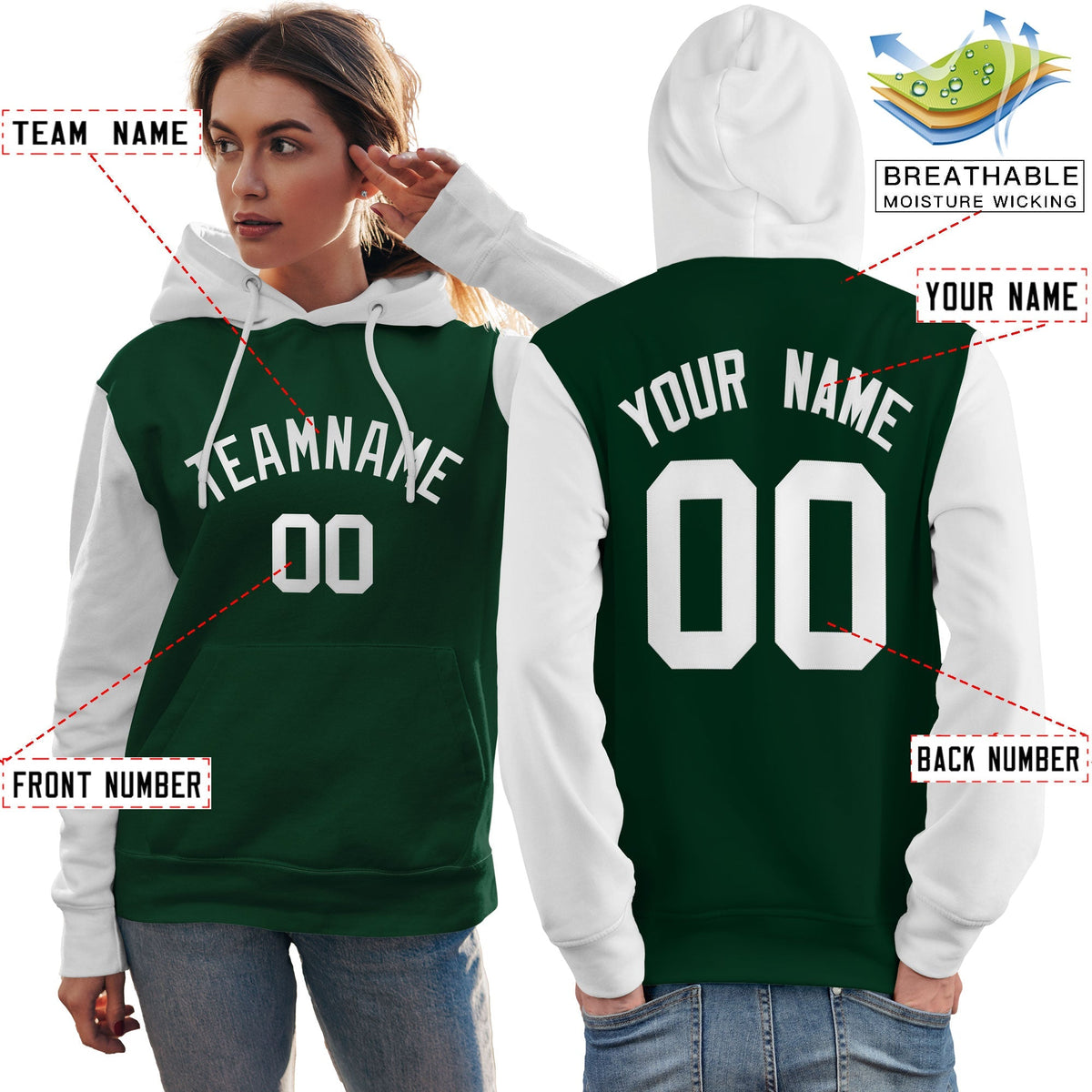 Custom Green White Raglan Sleeves Pullover Personalized Team Sweatshirt Hoodie| KXKSHOP