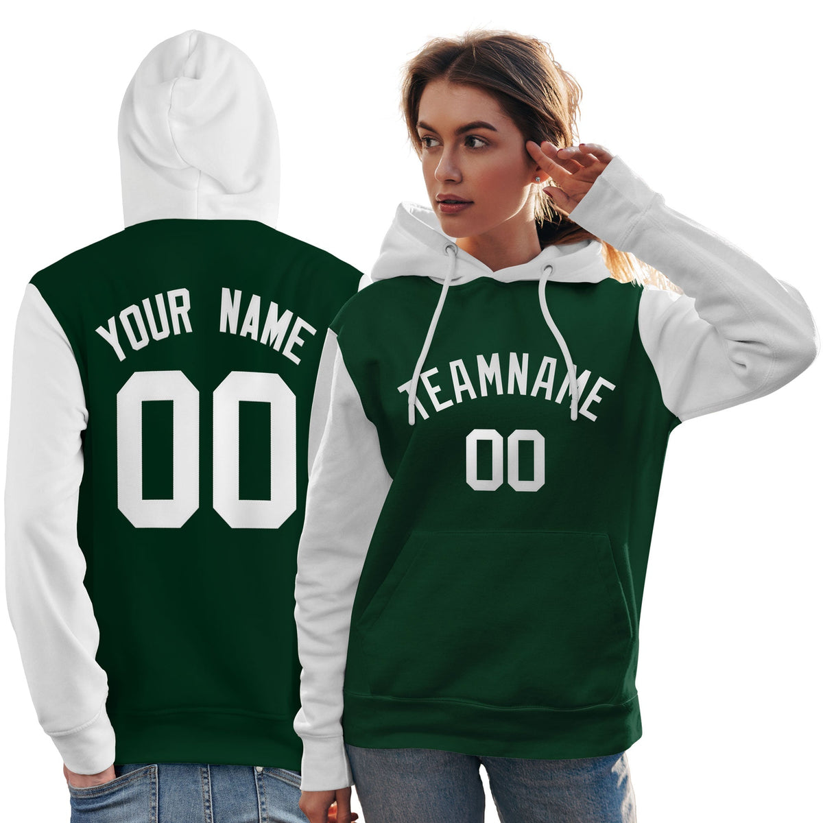 Custom Green White Raglan Sleeves Pullover Personalized Team Sweatshirt Hoodie| KXKSHOP