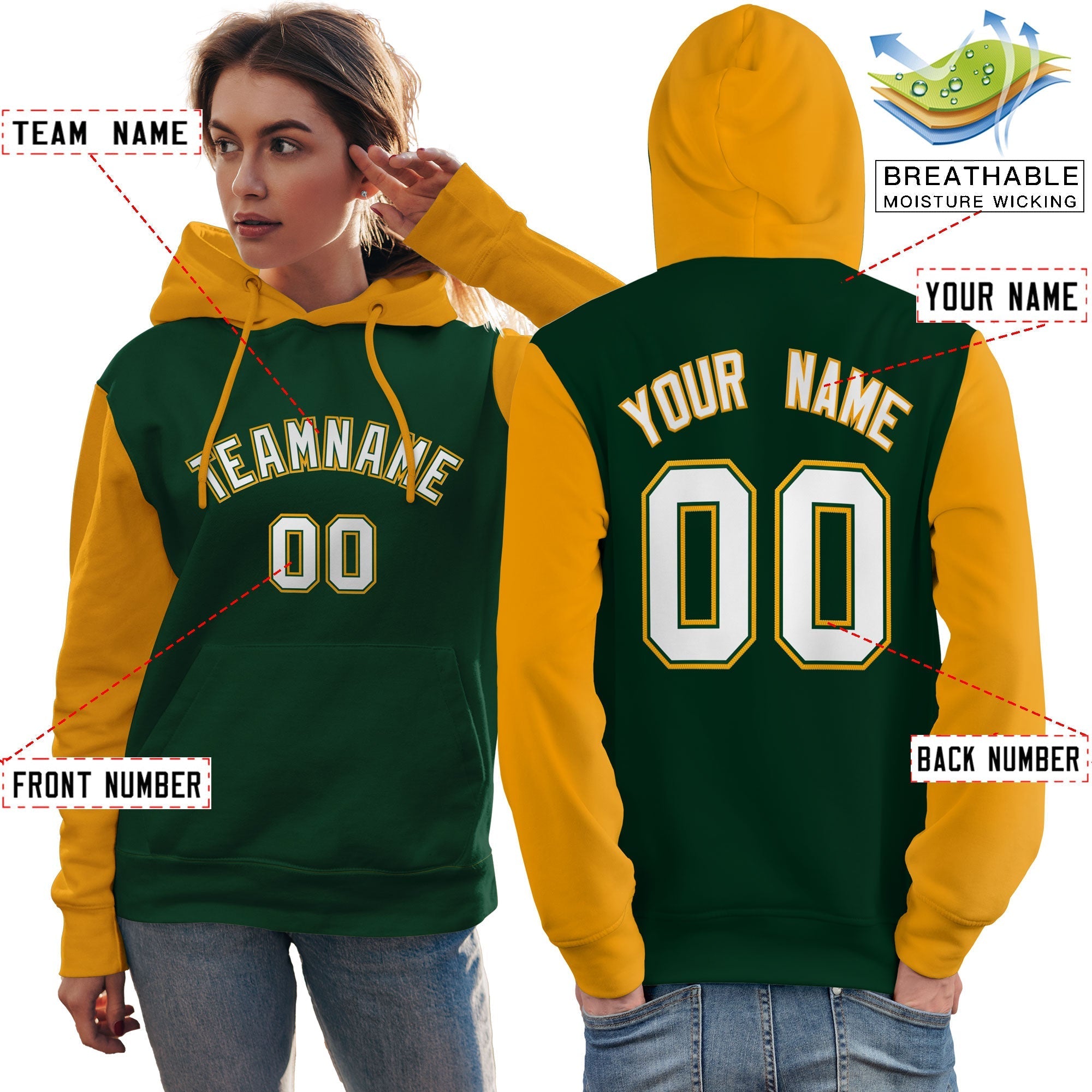 Custom Green White-Gold Raglan Sleeves Pullover Personalized Team Sweatshirt Hoodie| KXKSHOP