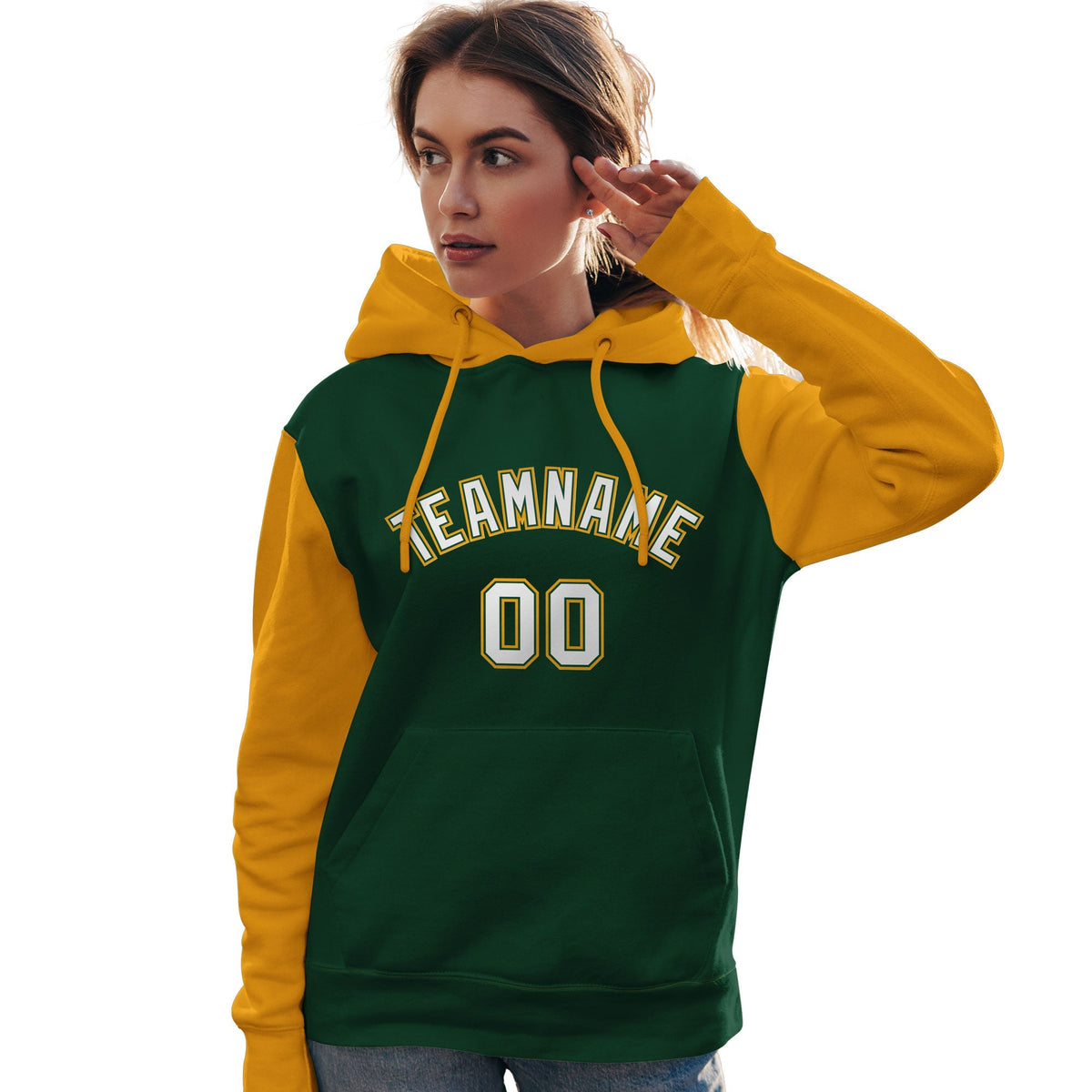 Custom Green White-Gold Raglan Sleeves Pullover Personalized Team Sweatshirt Hoodie| KXKSHOP