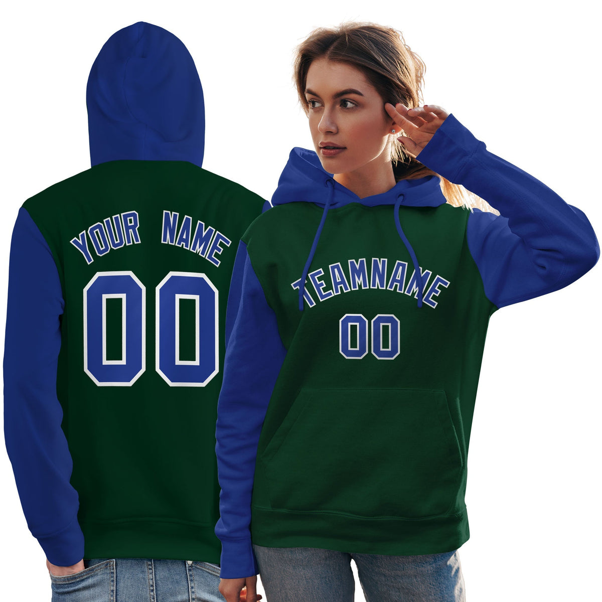 Custom Green Royal-White Raglan Sleeves Pullover Personalized Team Sweatshirt Hoodie| KXKSHOP