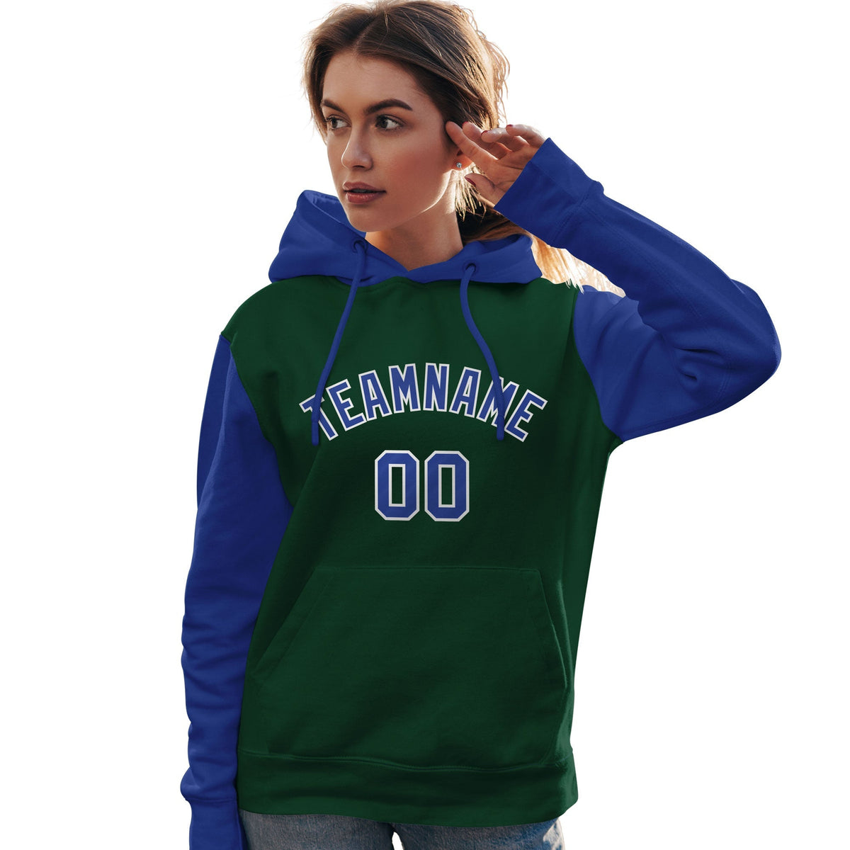 Custom Green Royal-White Raglan Sleeves Pullover Personalized Team Sweatshirt Hoodie| KXKSHOP