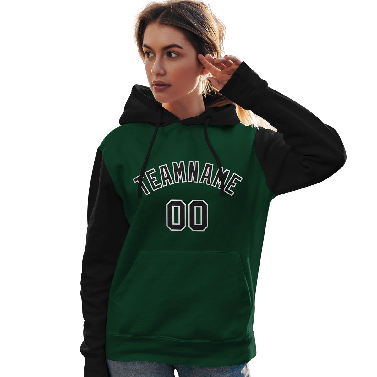 Custom Green Black-White Raglan Sleeves Pullover Personalized Team Sweatshirt Hoodie| KXKSHOP