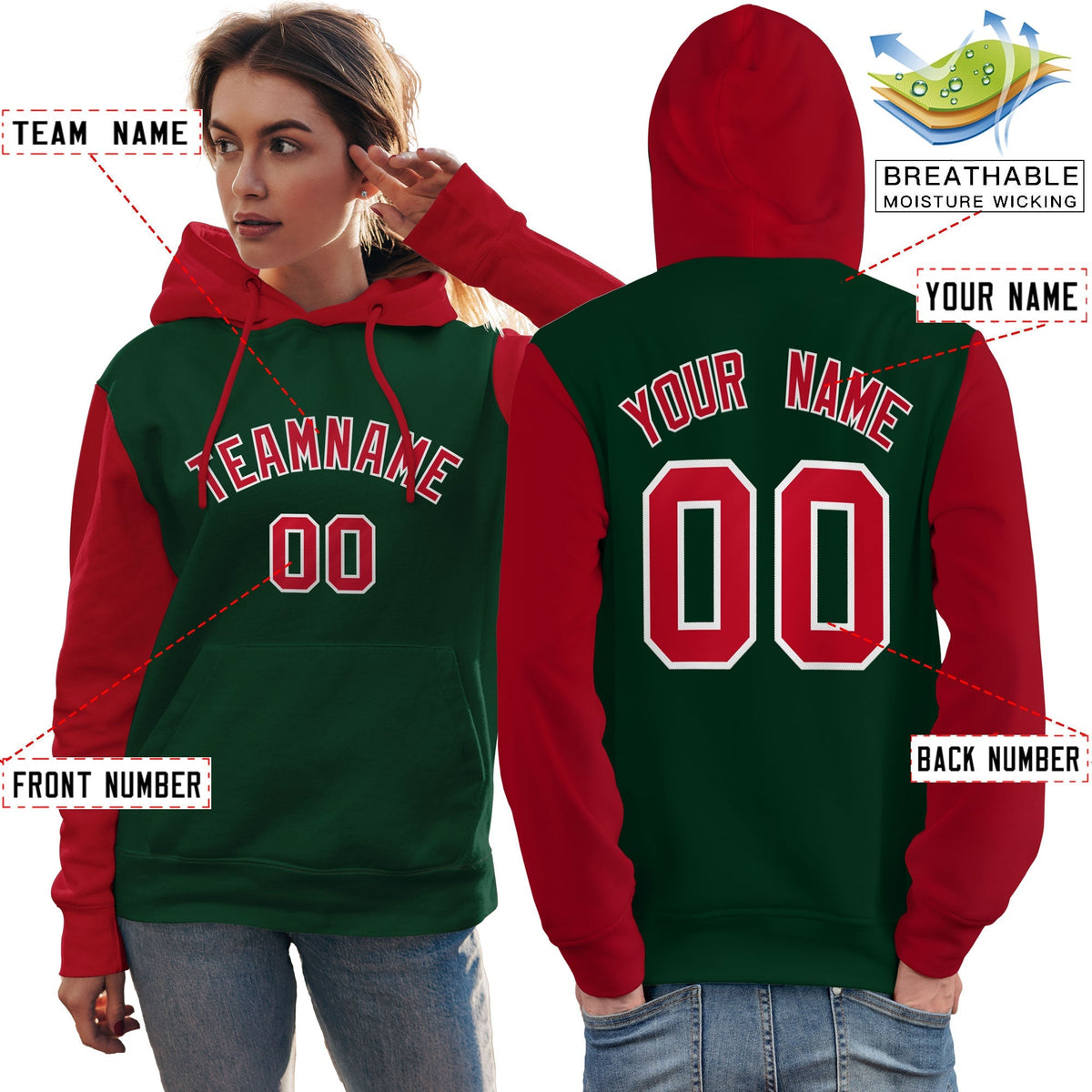 Custom Green Red-White Raglan Sleeves Pullover Personalized Team Sweatshirt Hoodie| KXKSHOP