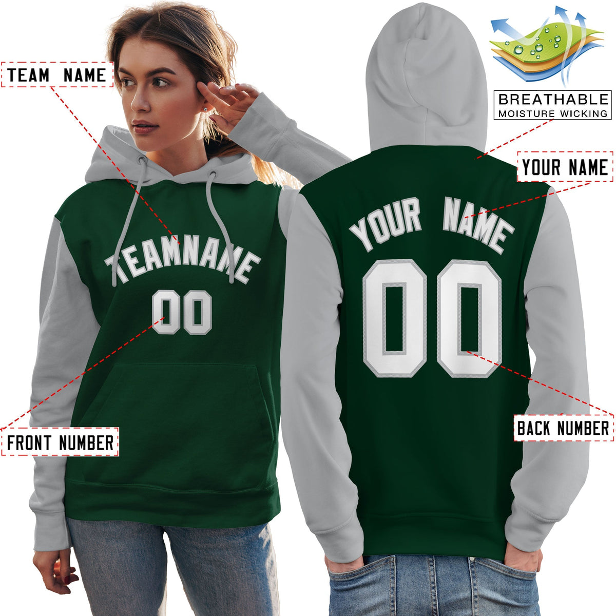 Custom Green White-Gray Raglan Sleeves Pullover Personalized Team Sweatshirt Hoodie| KXKSHOP