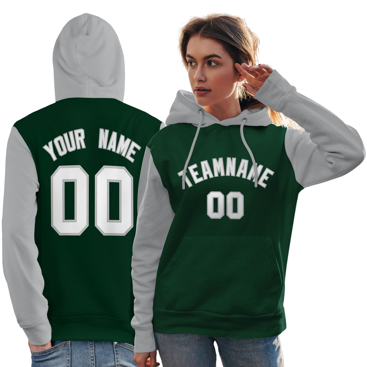 Custom Green White-Gray Raglan Sleeves Pullover Personalized Team Sweatshirt Hoodie| KXKSHOP